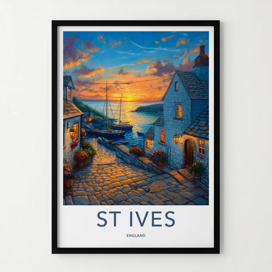 St Ives Poster - England Travel Print - Cobblestone Village Sunset Lounge Decor