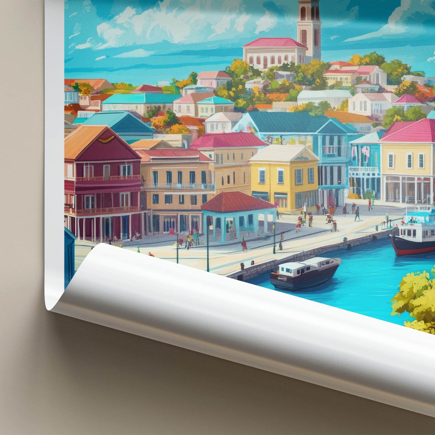 St Johns Poster - Antigua and Barbuda Travel Art - Colorful Waterfront City Home Decor