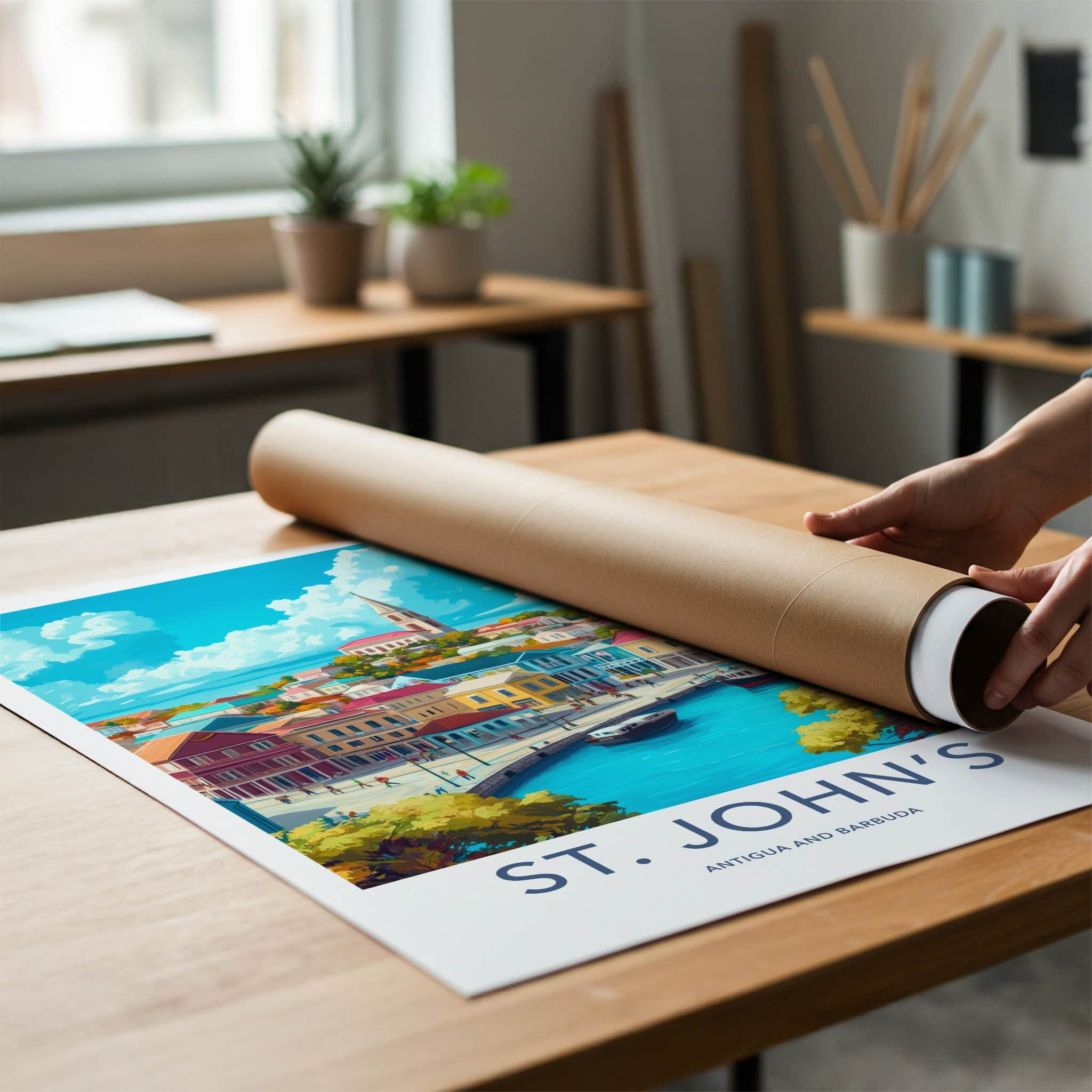 St Johns Poster - Antigua and Barbuda Travel Art - Colorful Waterfront City Home Decor