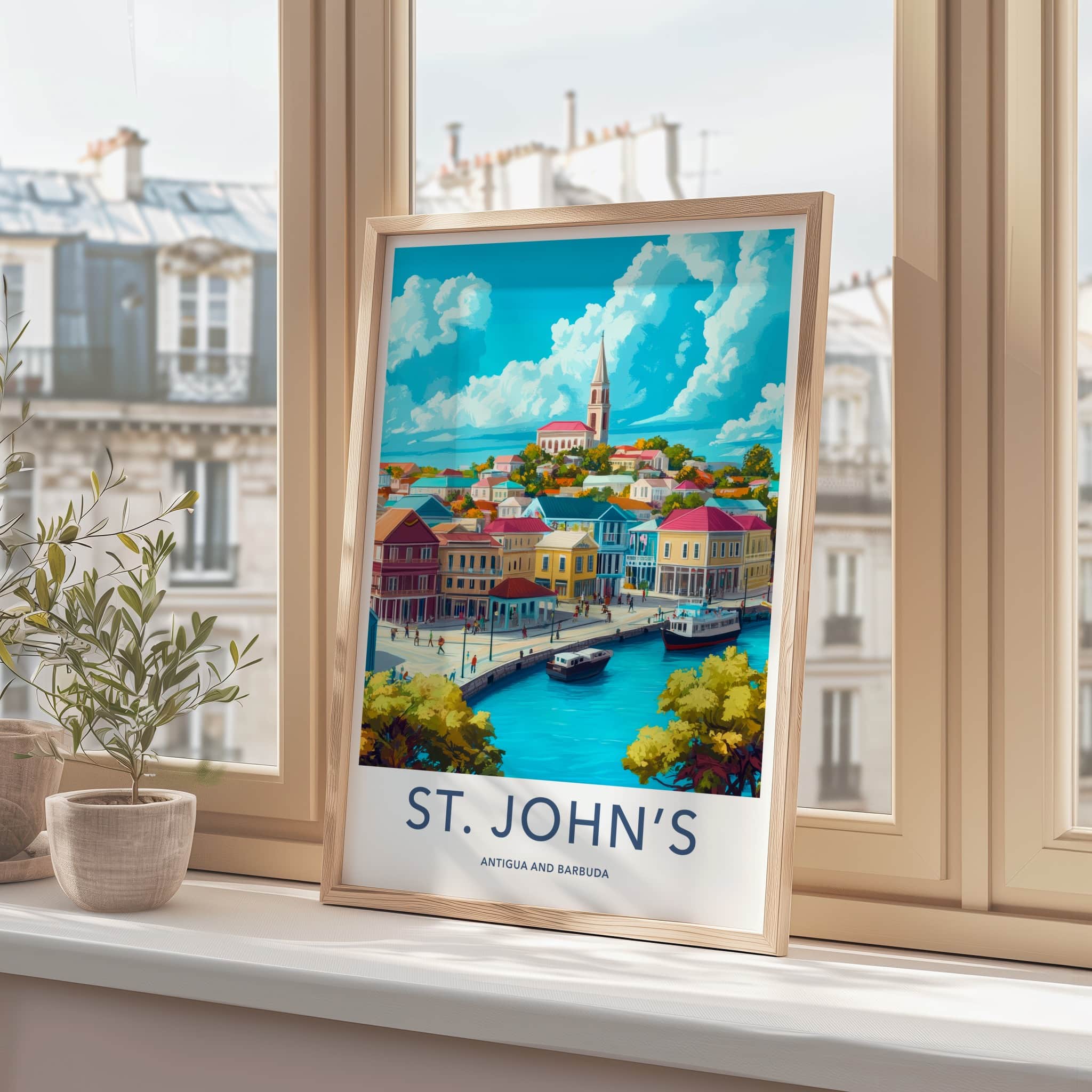 St Johns Poster - Antigua and Barbuda Travel Art - Colorful Waterfront City Home Decor