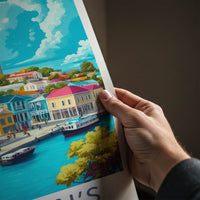 St Johns Poster - Antigua and Barbuda Travel Art - Colorful Waterfront City Home Decor