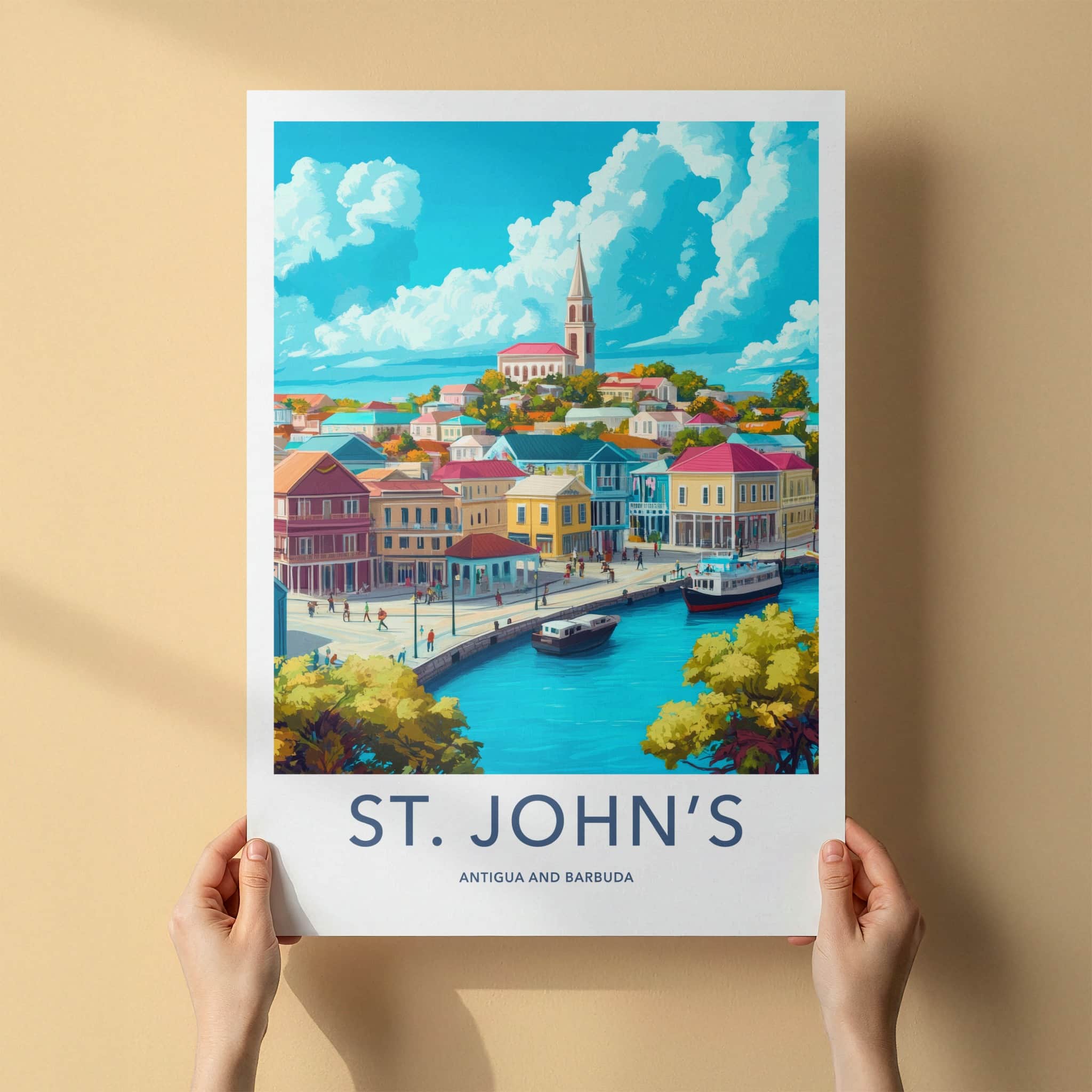 St Johns Poster - Antigua and Barbuda Travel Art - Colorful Waterfront City Home Decor