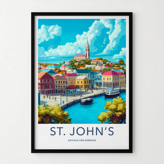 St Johns Poster - Antigua and Barbuda Travel Art - Colorful Waterfront City Home Decor