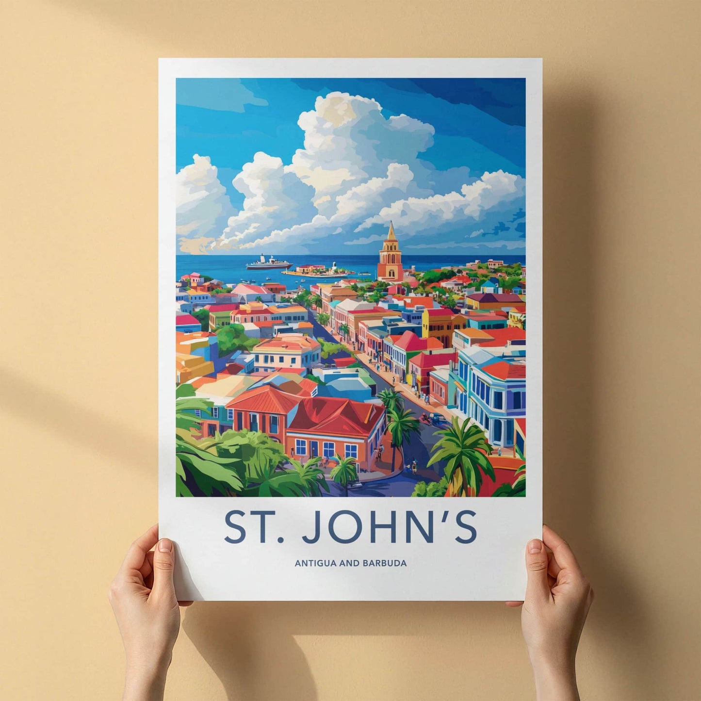 St Johns Poster - Antigua and Barbuda Travel Art - Vibrant Coastal Town Home Decor