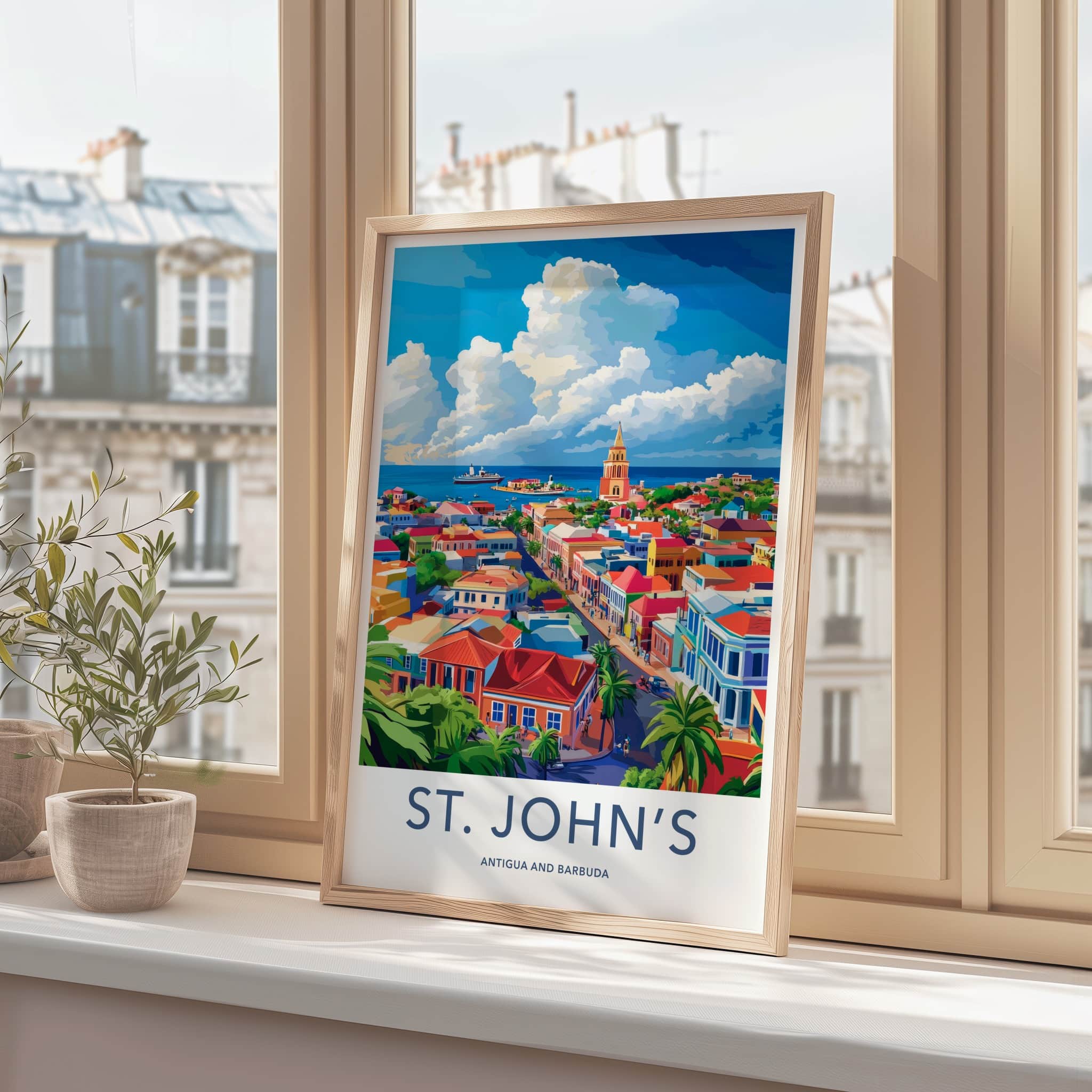 St Johns Poster - Antigua and Barbuda Travel Art - Vibrant Coastal Town Home Decor