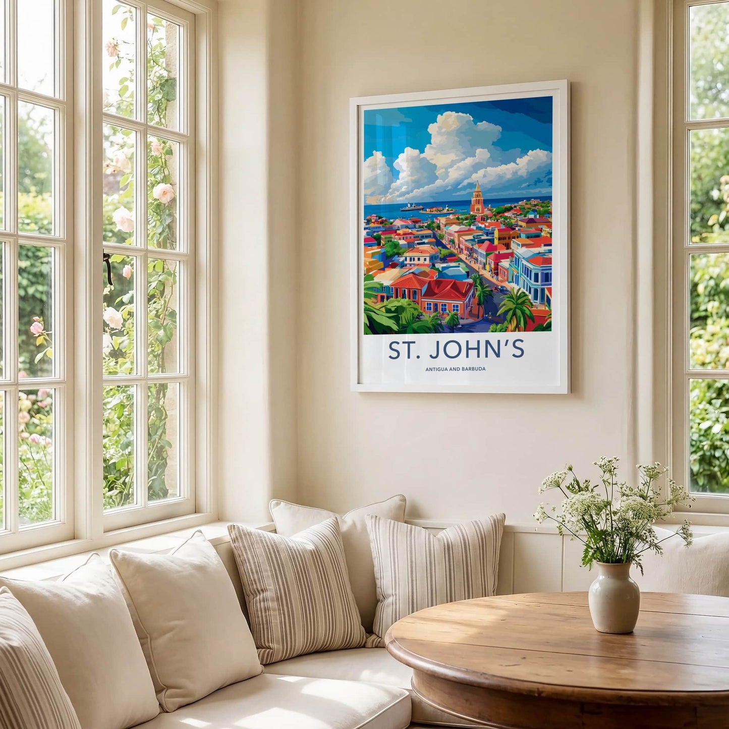 St Johns Poster - Antigua and Barbuda Travel Art - Vibrant Coastal Town Home Decor