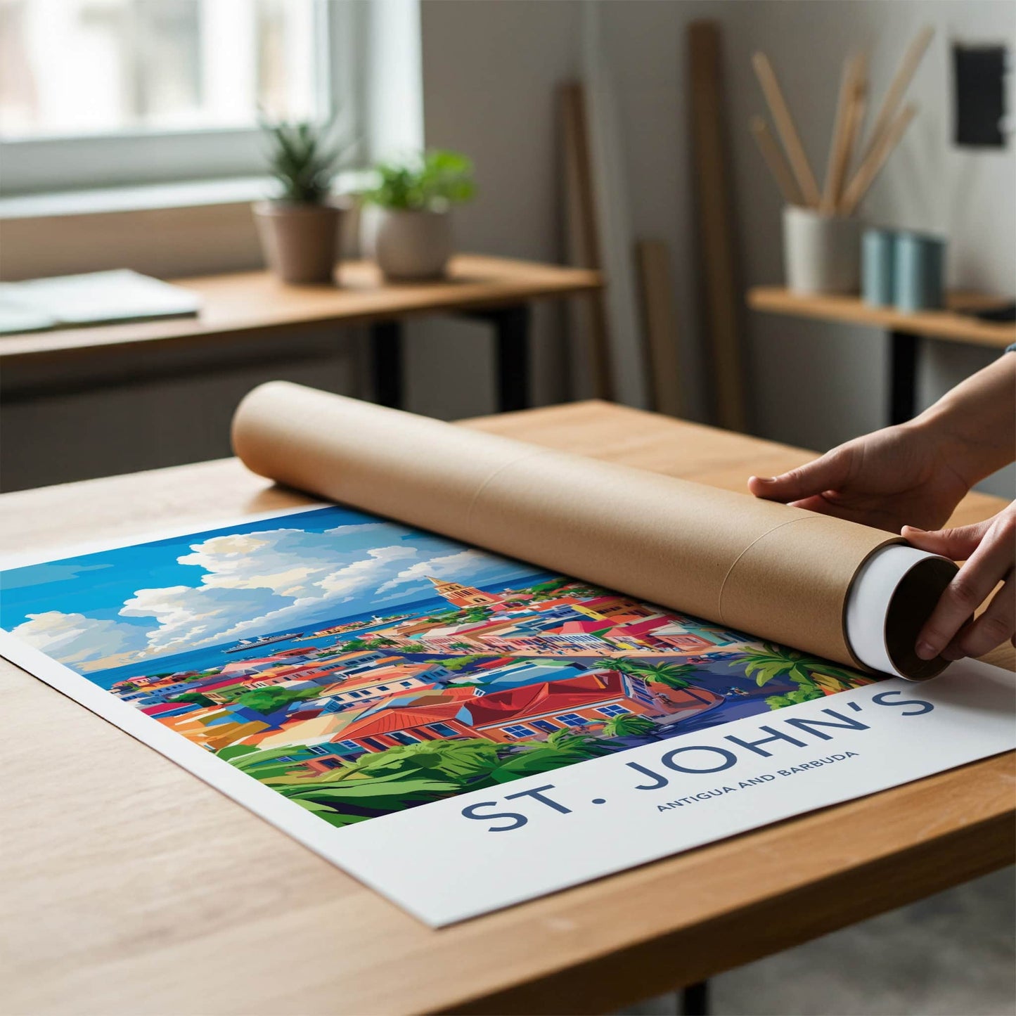 St Johns Poster - Antigua and Barbuda Travel Art - Vibrant Coastal Town Home Decor