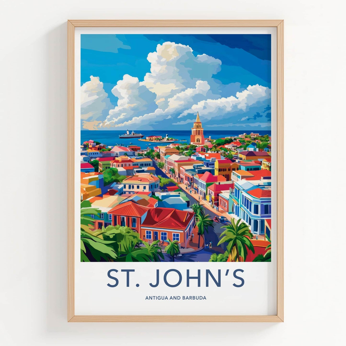 St Johns Poster - Antigua and Barbuda Travel Art - Vibrant Coastal Town Home Decor