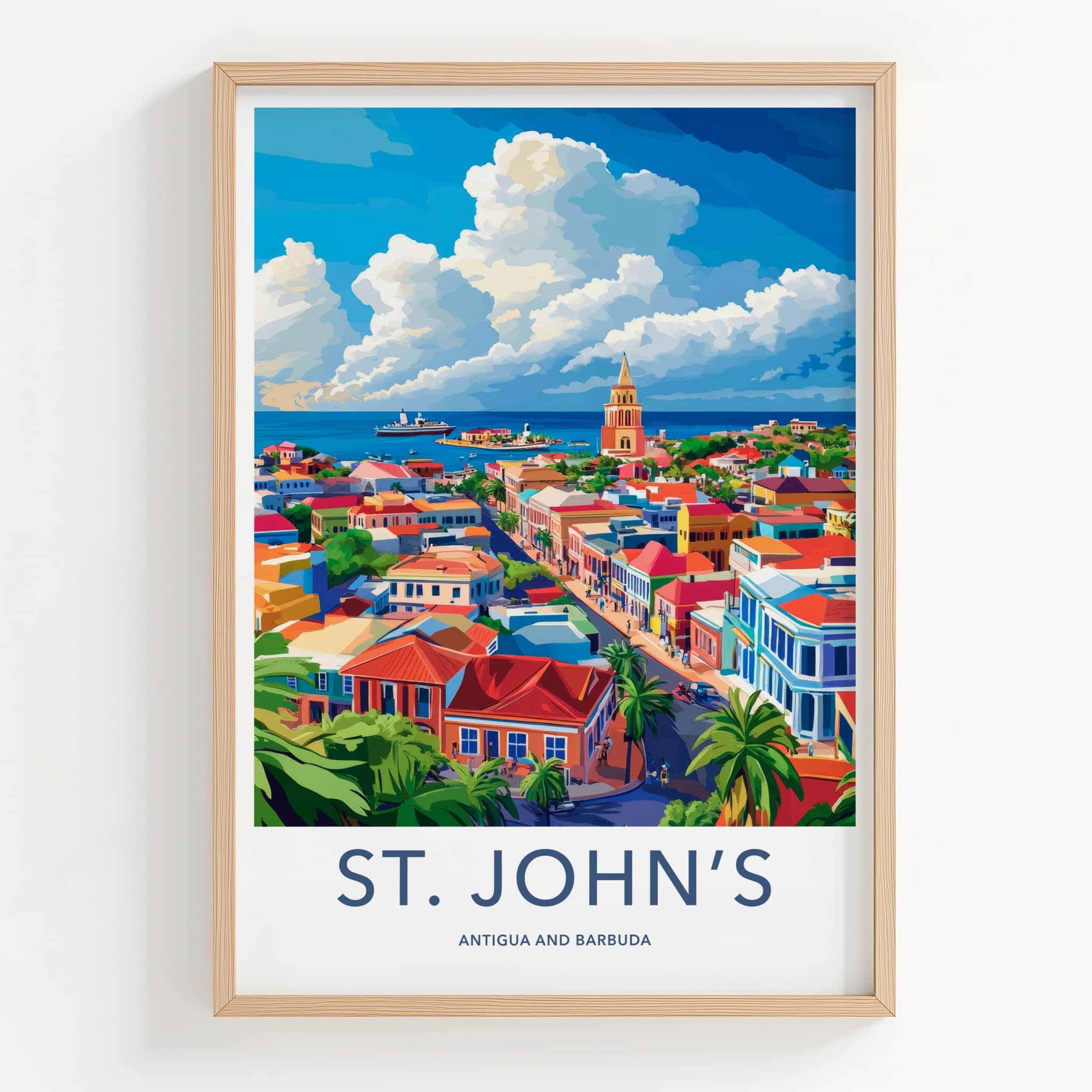 St Johns Poster - Antigua and Barbuda Travel Art - Vibrant Coastal Town Home Decor