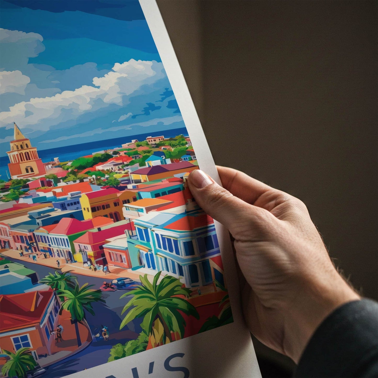St Johns Poster - Antigua and Barbuda Travel Art - Vibrant Coastal Town Home Decor