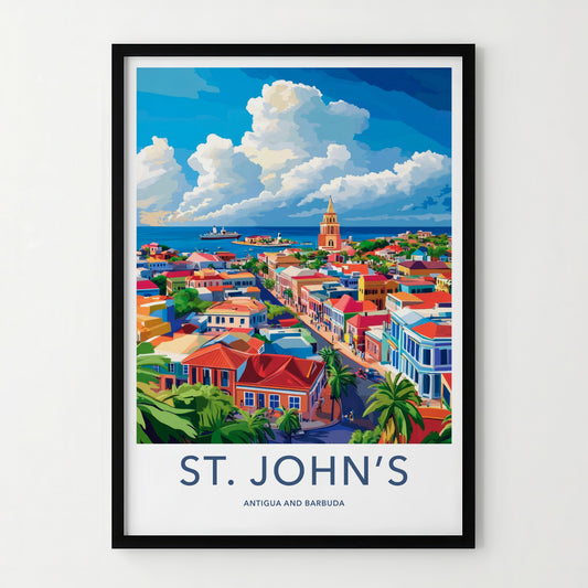 St Johns Poster - Antigua and Barbuda Travel Art - Vibrant Coastal Town Home Decor