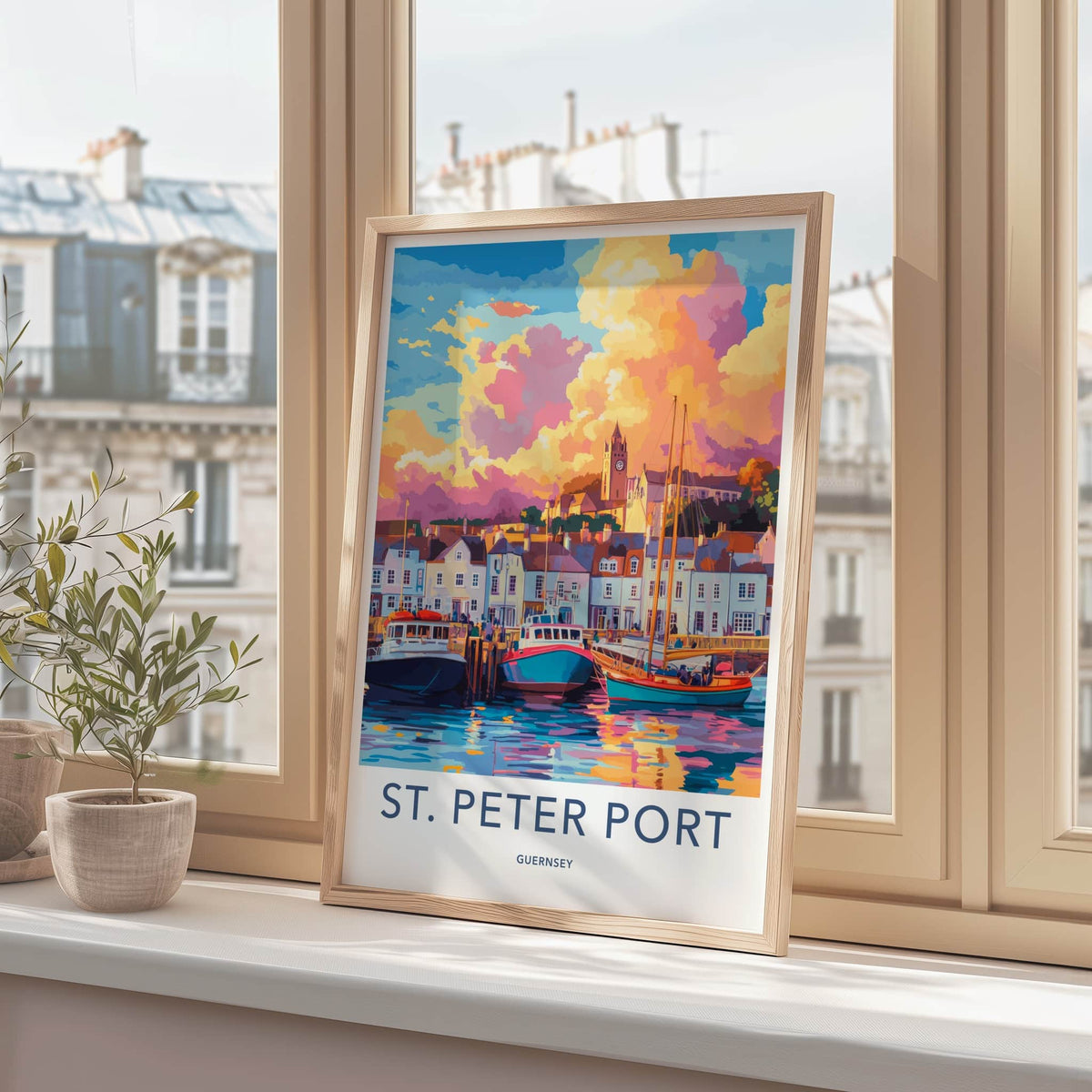 St Peter Port Poster - Guernsey Art Print - Harbor Boats Sunset Wall Decor