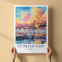 St Peter Port Poster - Guernsey Art Print - Harbor Boats Sunset Wall Decor