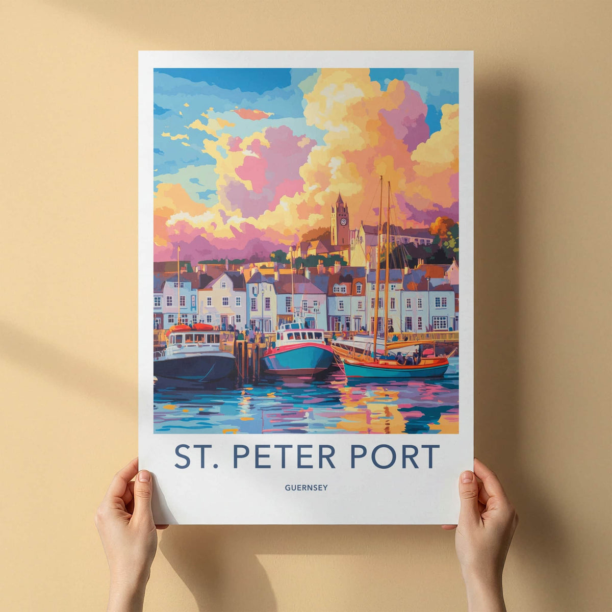 St Peter Port Poster - Guernsey Art Print - Harbor Boats Sunset Wall Decor
