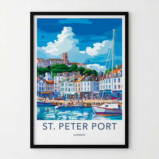 St Peter Port Poster - Guernsey Travel Art - Colorful Harbor Town Wall Decor