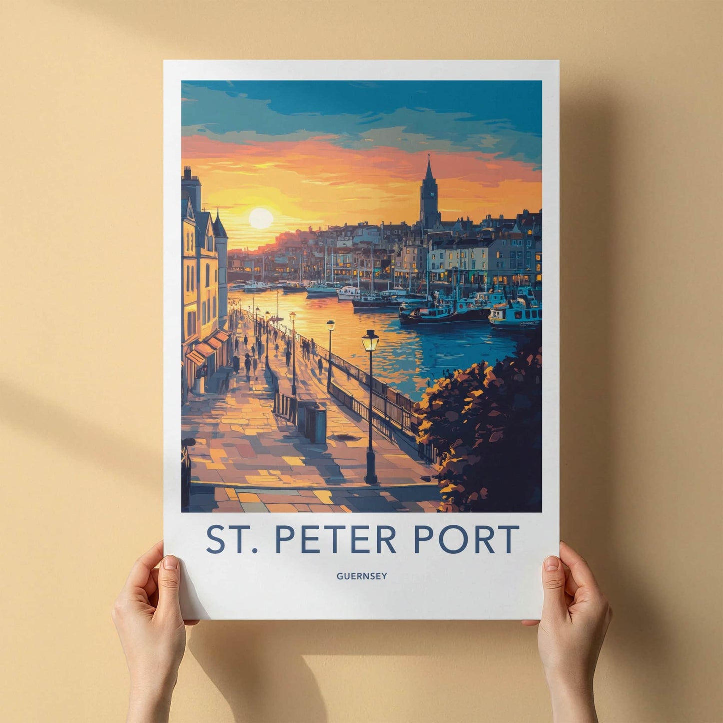 St. Peter Port Poster - Guernsey Travel Art - Harbor Sunset Promenade Home Decor