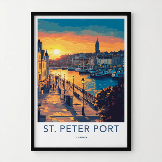 St. Peter Port Poster - Guernsey Travel Art - Harbor Sunset Promenade Home Decor