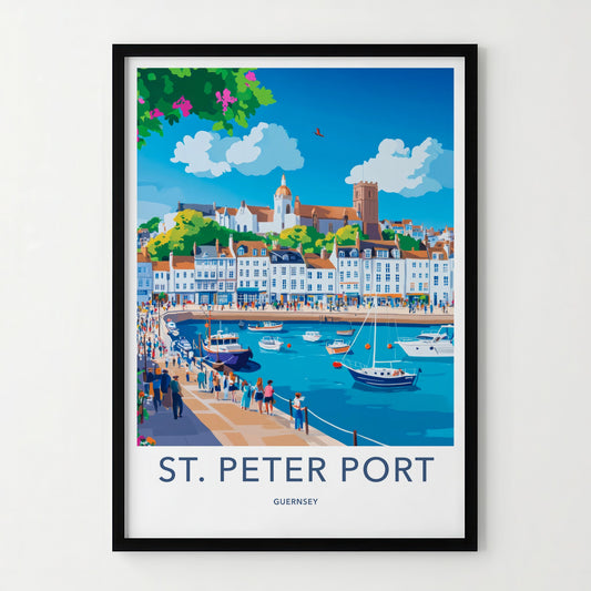 St Peter Port Poster - Guernsey Travel Art - Vibrant Waterfront Buildings Home Decor