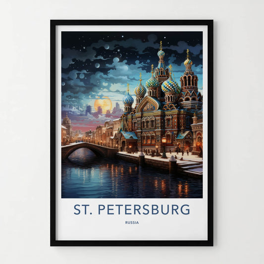St Petersburg Poster - Russia Travel Art - Moonlit Spire Canal Home Decor