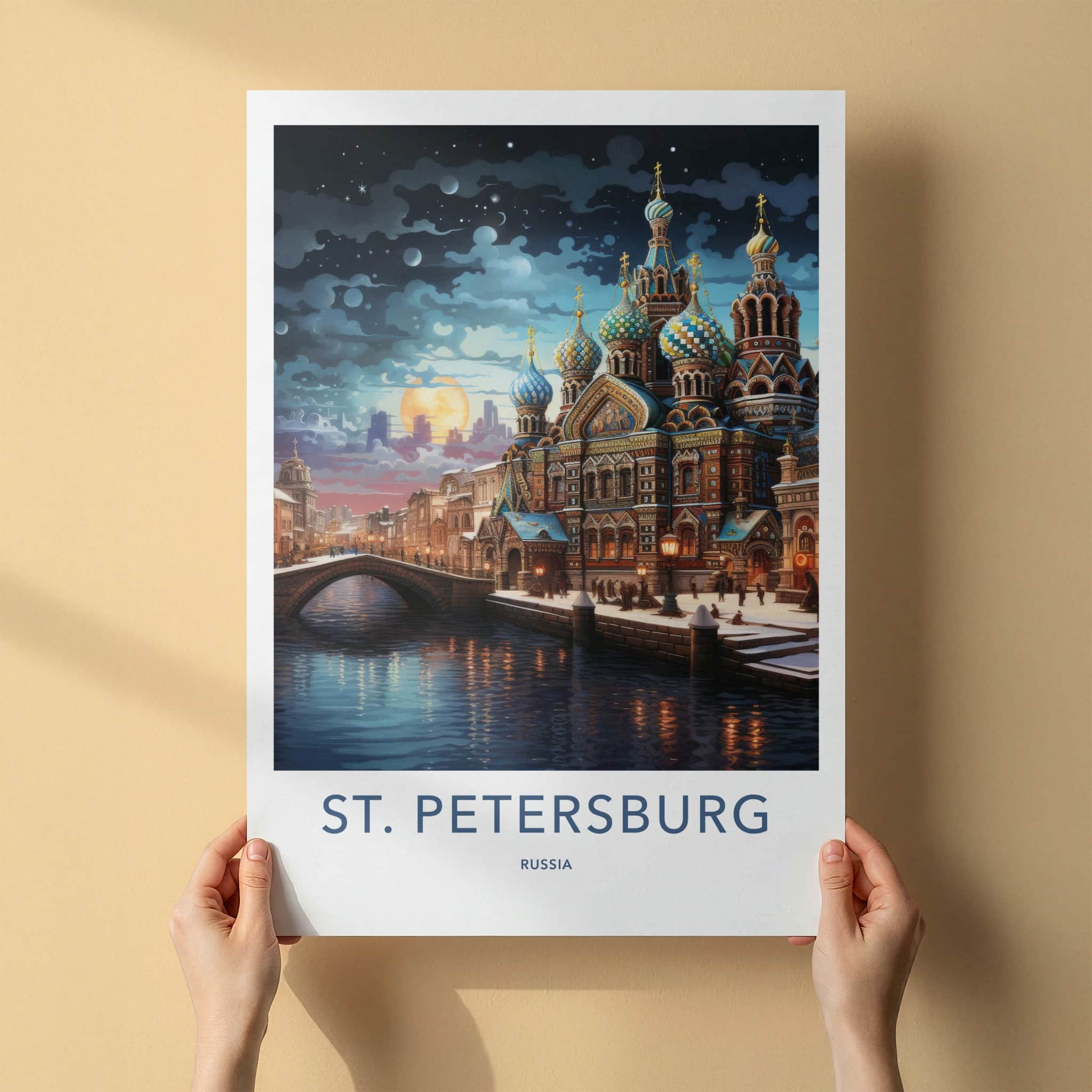 St Petersburg Poster - Russia Travel Art - Moonlit Spire Canal Home Decor