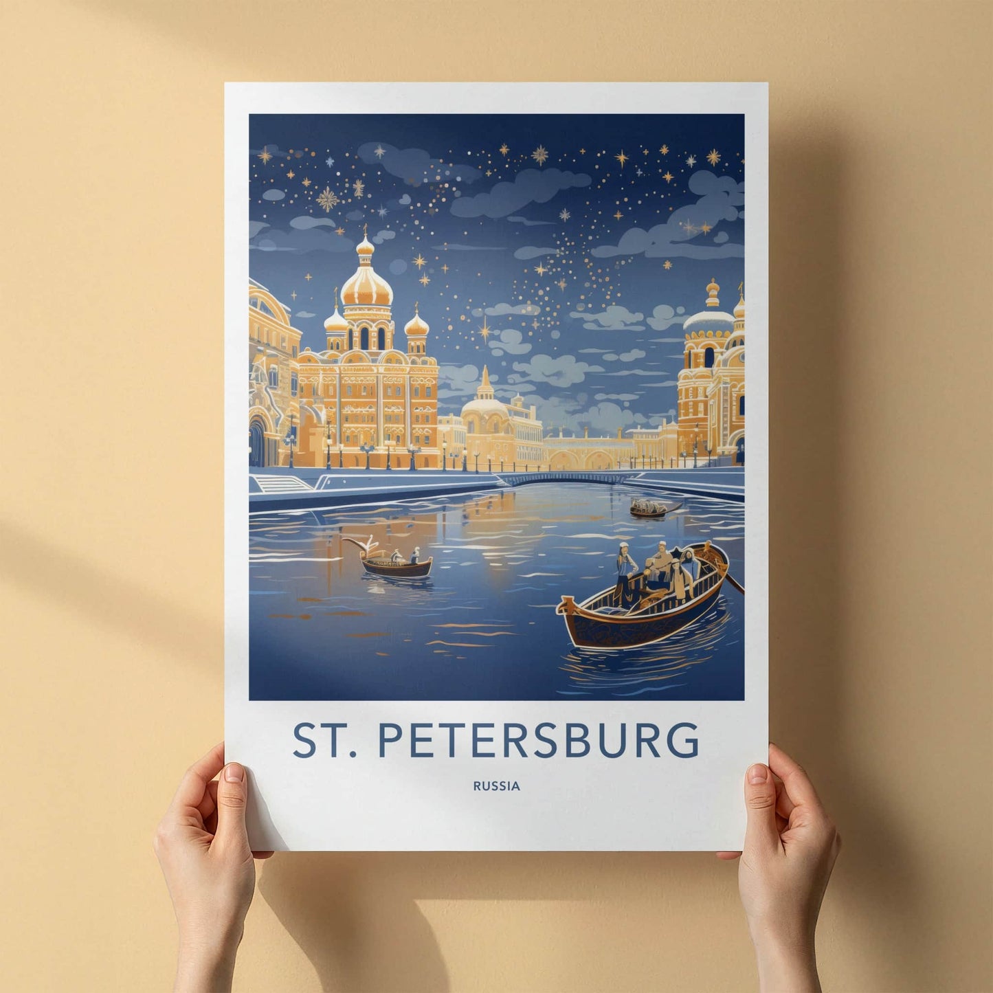 St. Petersburg Poster - Russia Travel Art - Starlit Golden City Wall Decor