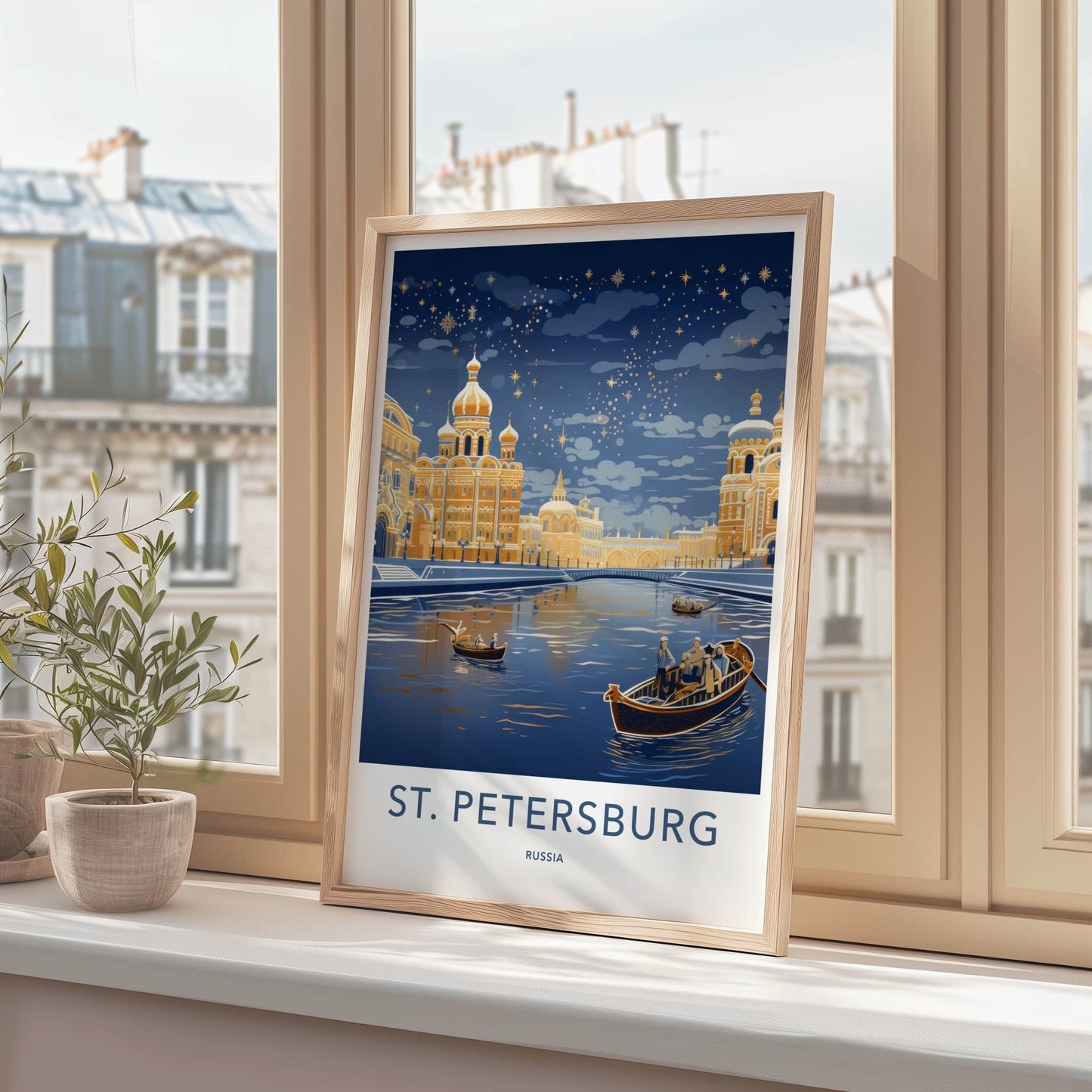 St. Petersburg Poster - Russia Travel Art - Starlit Golden City Wall Decor