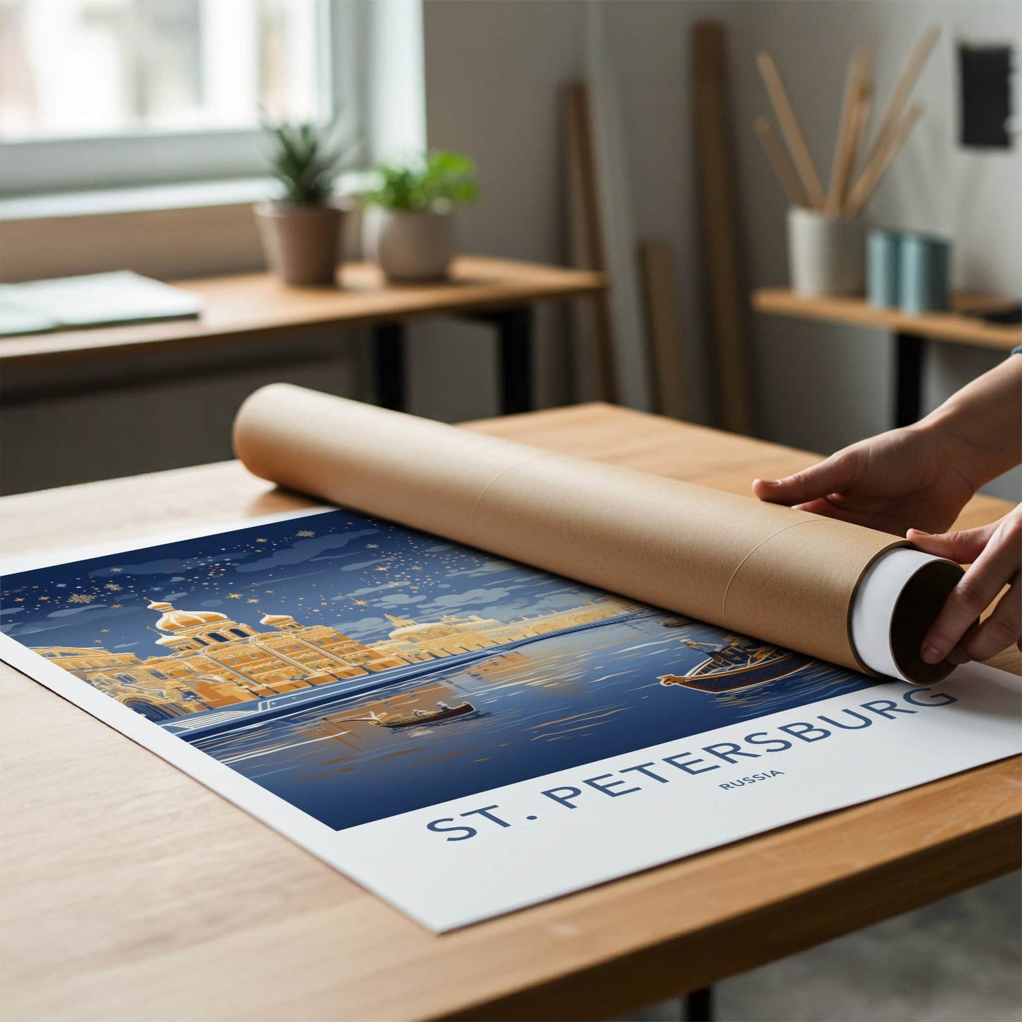 St. Petersburg Poster - Russia Travel Art - Starlit Golden City Wall Decor