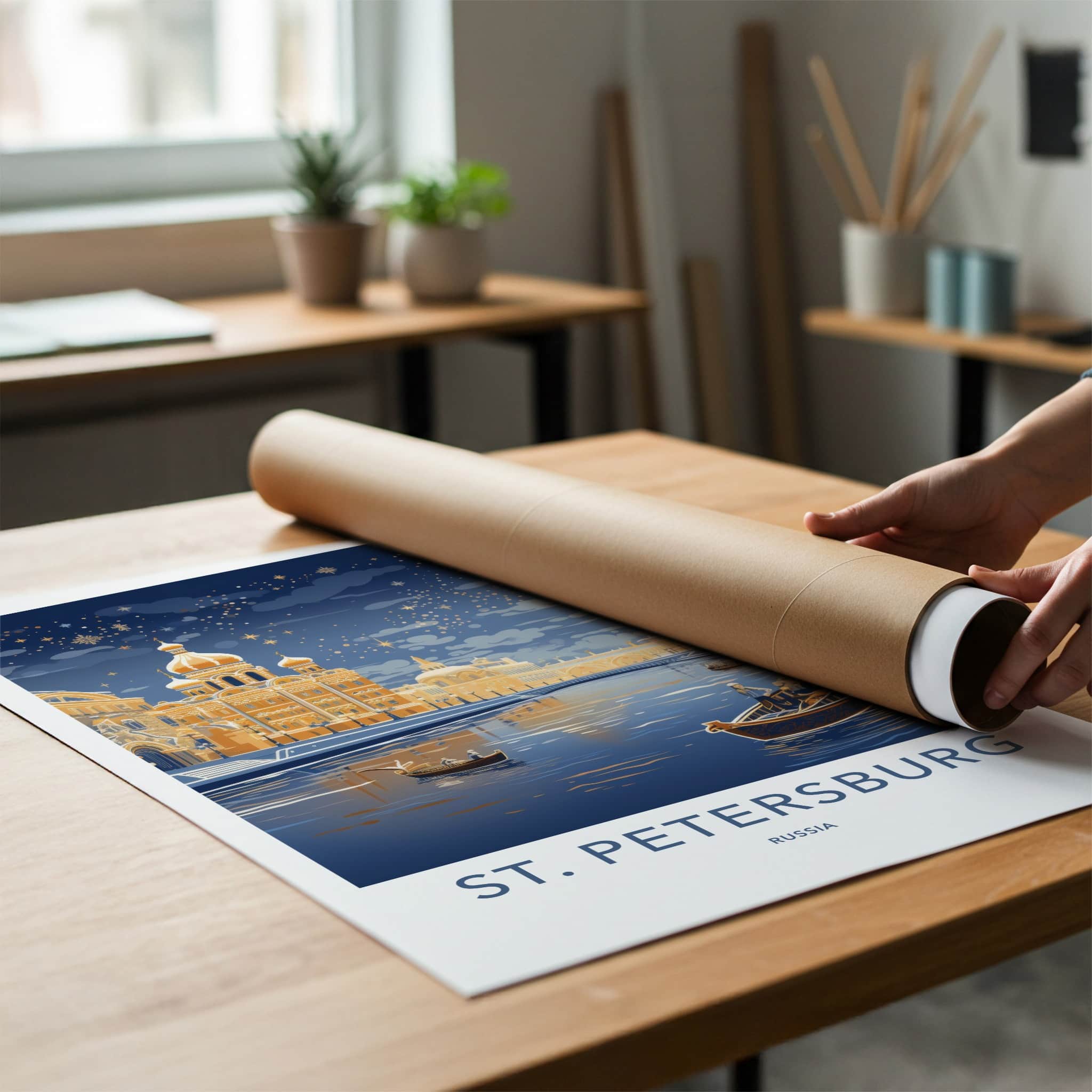 St. Petersburg Poster - Russia Travel Art - Starlit Golden City Wall Decor