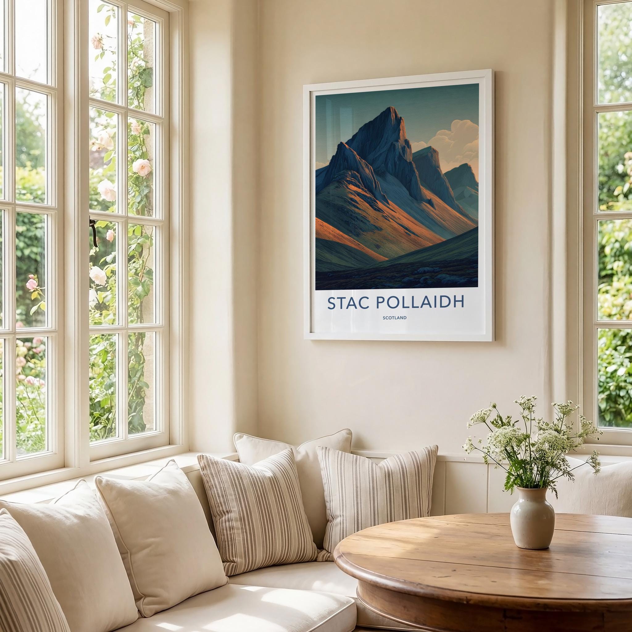 Stac Pollaidh Poster - Scotland Travel Art - Sunlit Mountain Slopes Home Decor