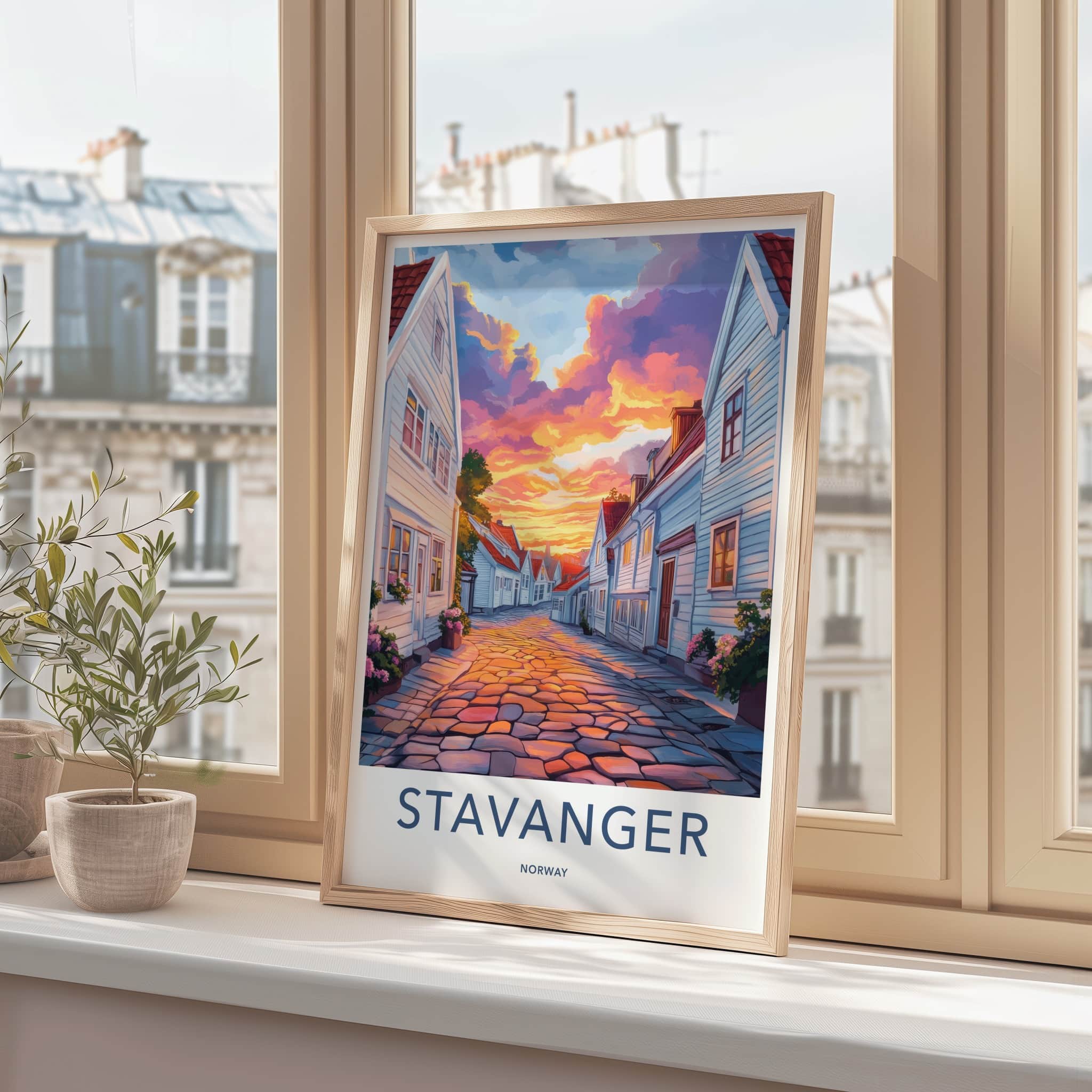 Stavanger Poster - Norway Travel Art - Cobblestone Street Sunset Home Decor