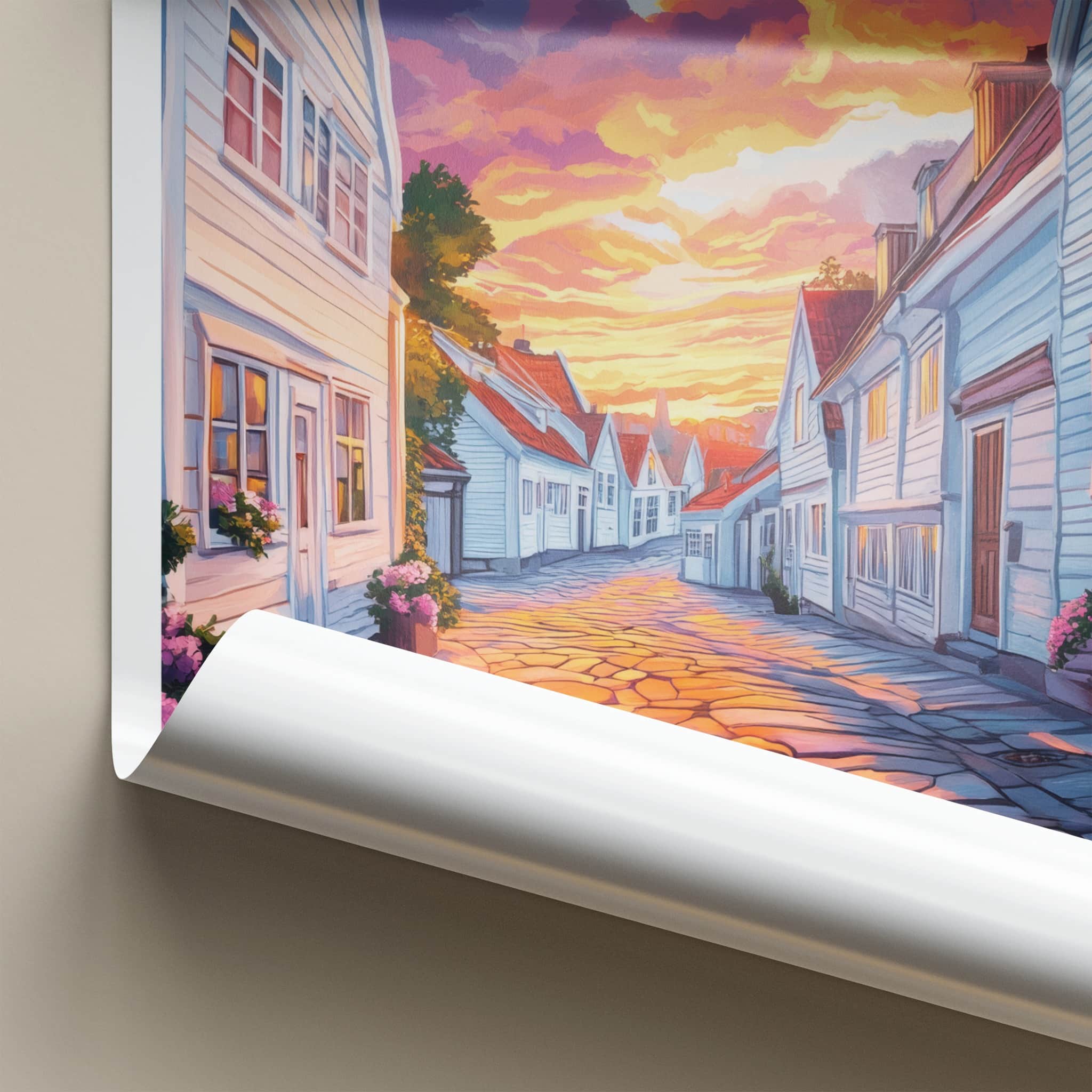 Stavanger Poster - Norway Travel Art - Cobblestone Street Sunset Home Decor