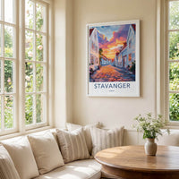Stavanger Poster - Norway Travel Art - Cobblestone Street Sunset Home Decor