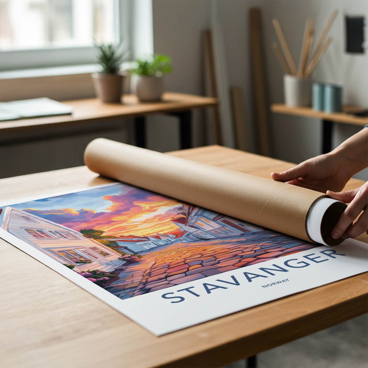 Stavanger Poster - Norway Travel Art - Cobblestone Street Sunset Home Decor