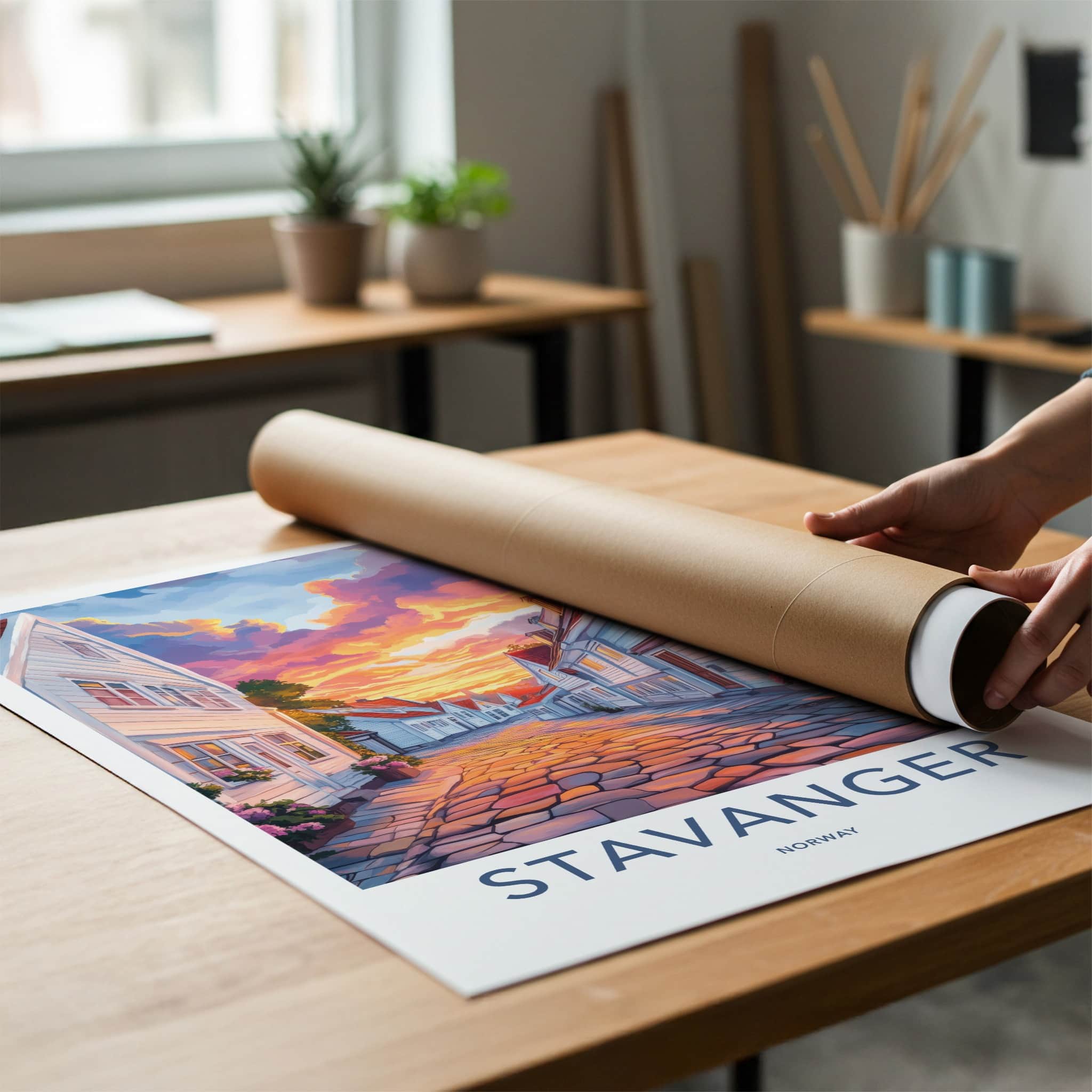 Stavanger Poster - Norway Travel Art - Cobblestone Street Sunset Home Decor