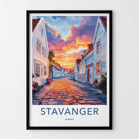 Stavanger Poster - Norway Travel Art - Cobblestone Street Sunset Home Decor