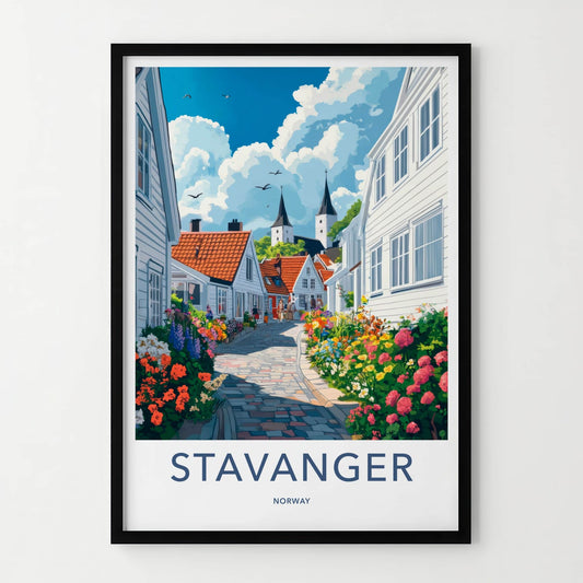 Stavanger Poster - Norway Travel Art - Colorful Village Alley Home Decor