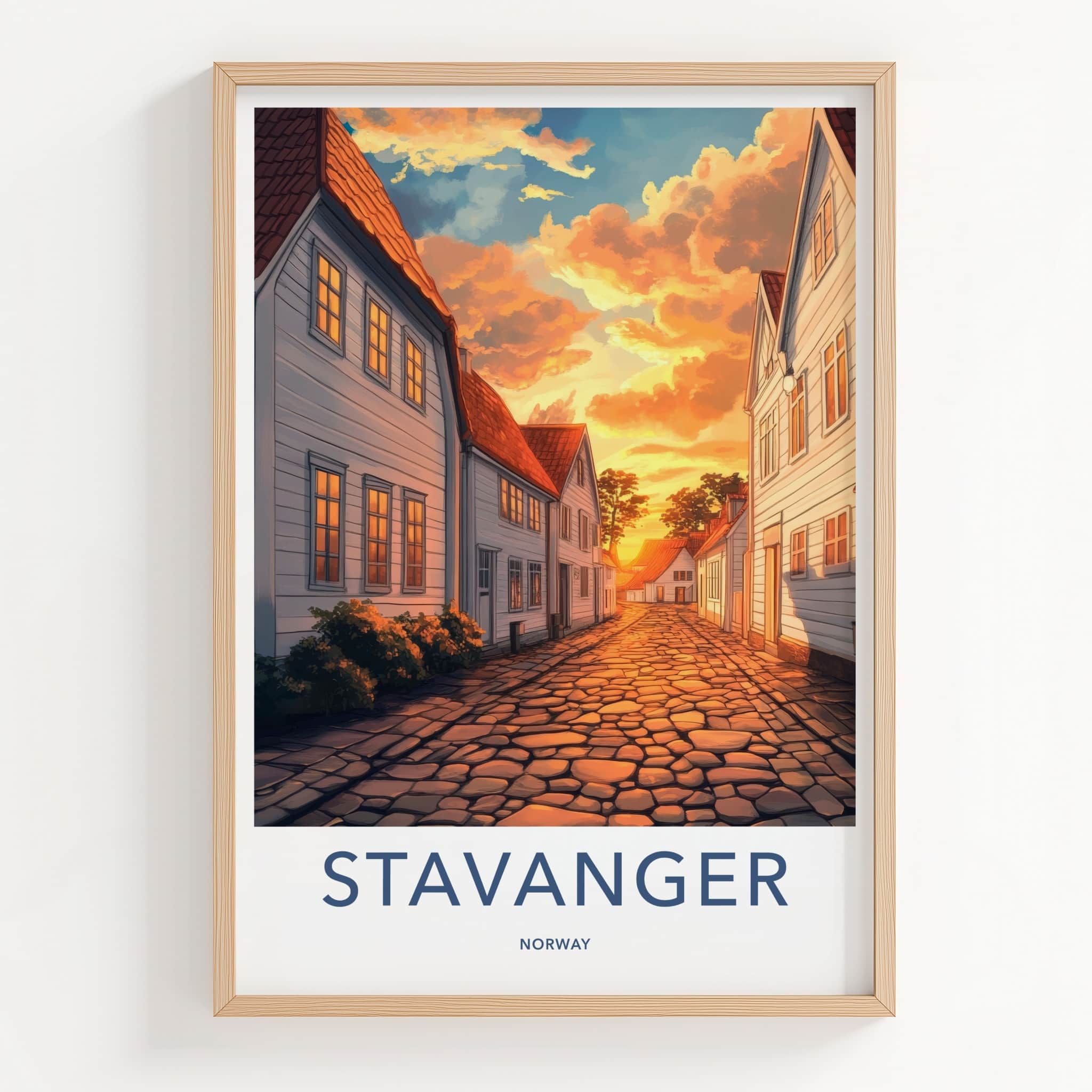 Stavanger Poster - Norway Travel Art - Orange Sunset Street Home Decor