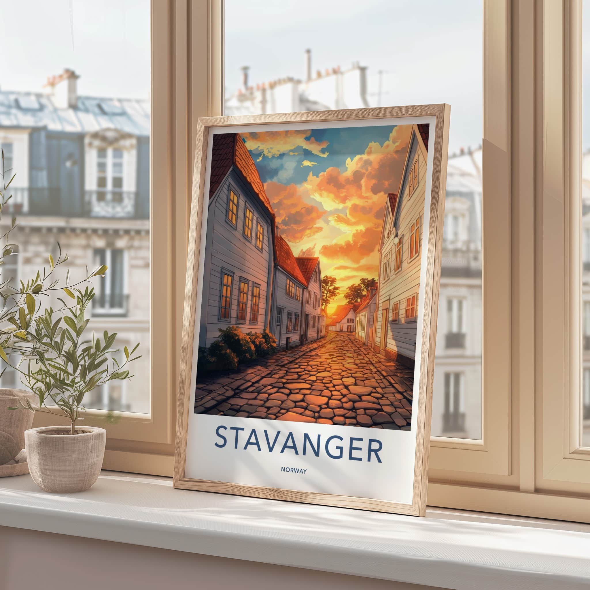Stavanger Poster - Norway Travel Art - Orange Sunset Street Home Decor
