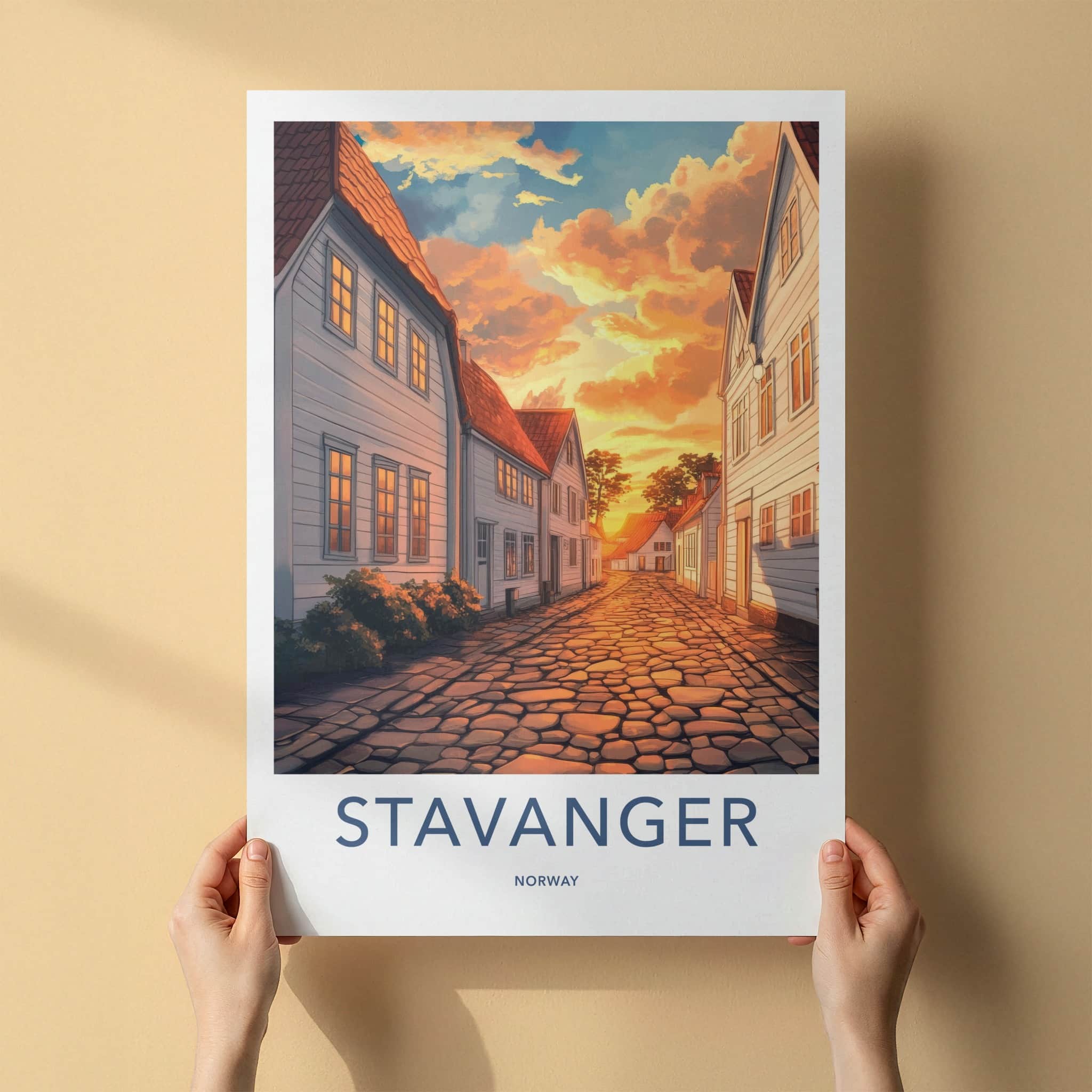 Stavanger Poster - Norway Travel Art - Orange Sunset Street Home Decor