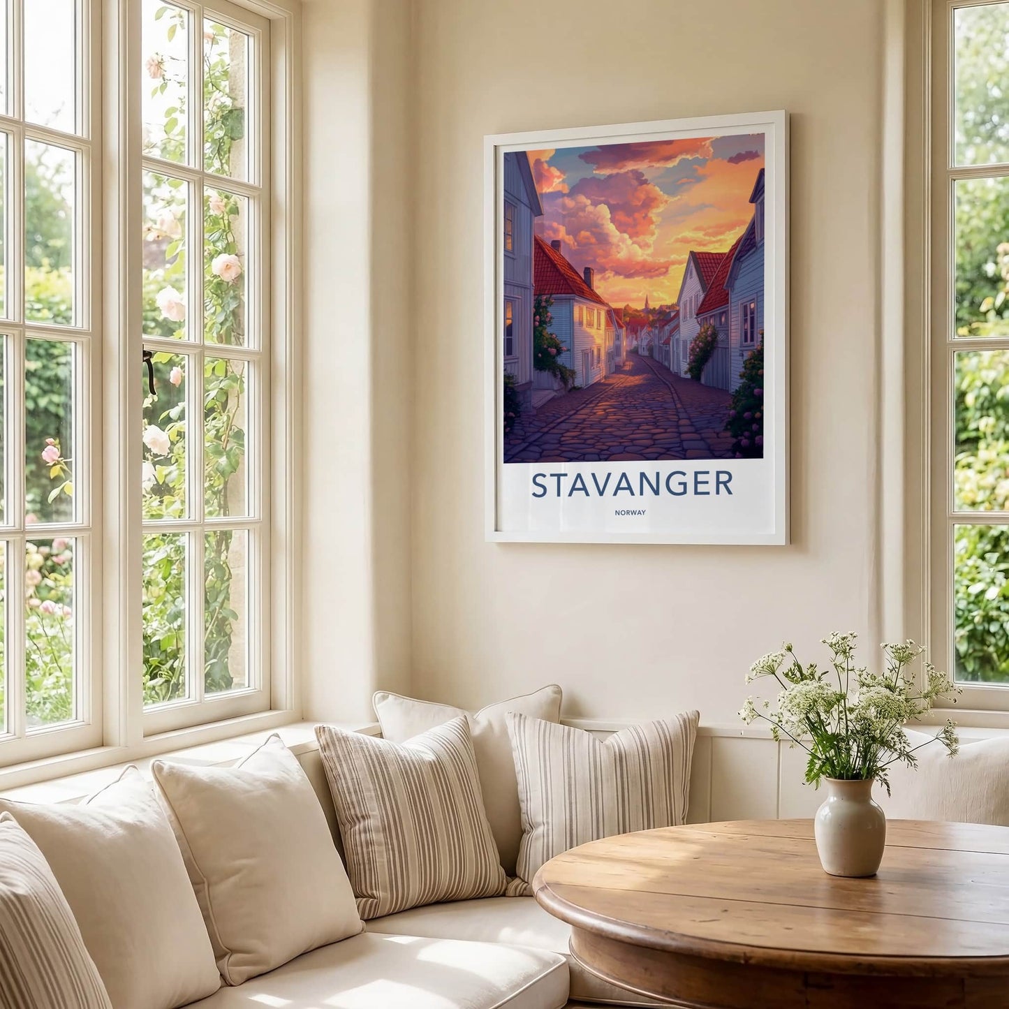 Stavanger Poster - Norway Travel Print - Vibrant Sunset Street Home Decor