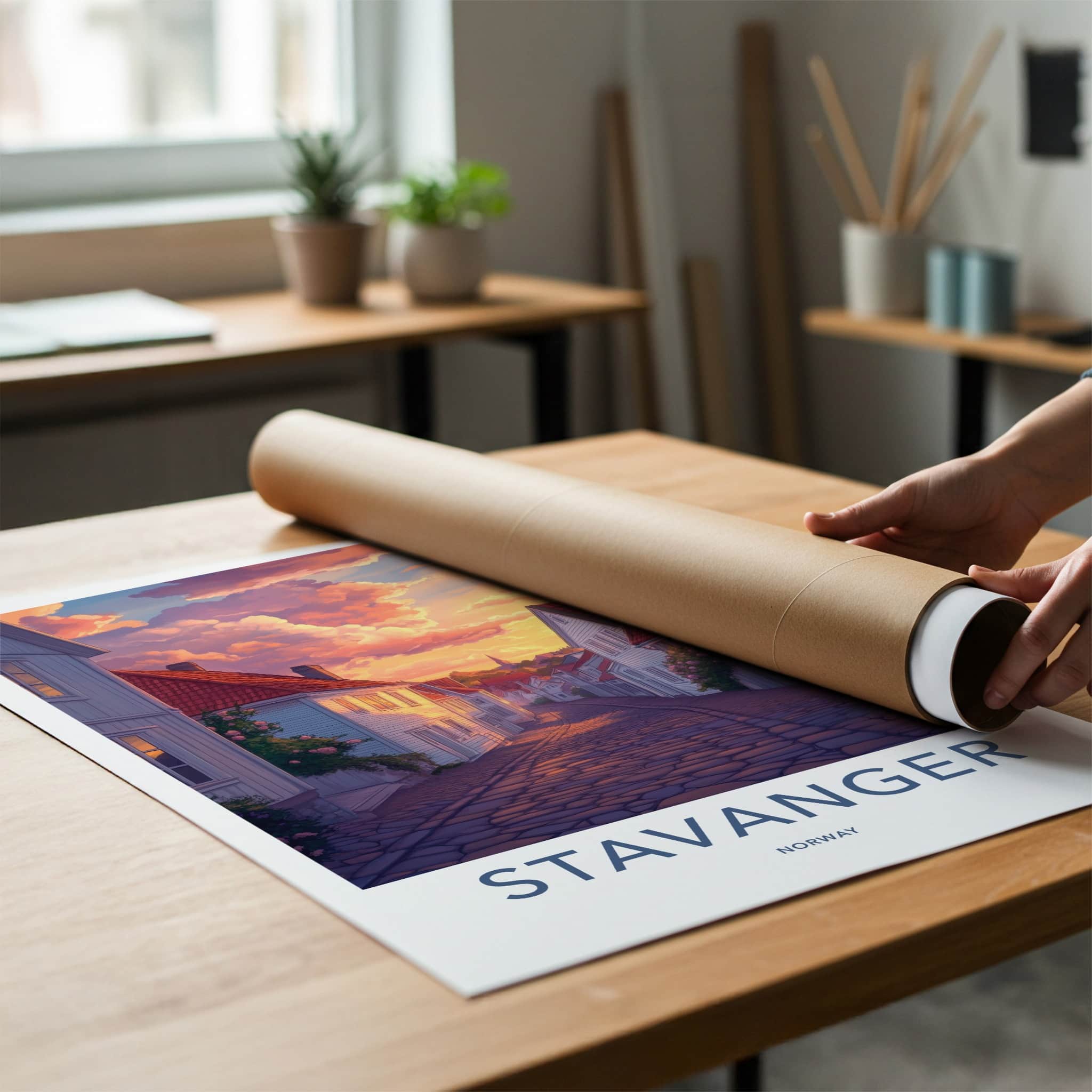 Stavanger Poster - Norway Travel Print - Vibrant Sunset Street Home Decor