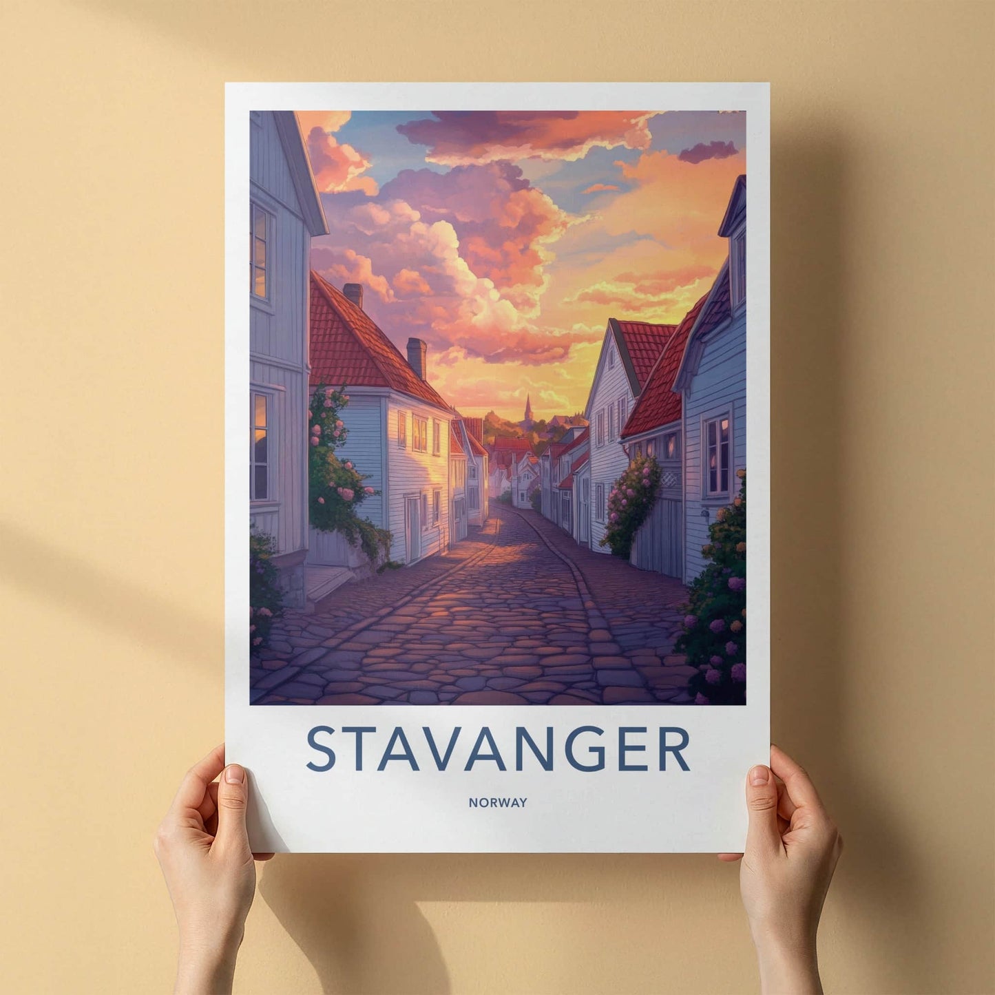 Stavanger Poster - Norway Travel Print - Vibrant Sunset Street Home Decor