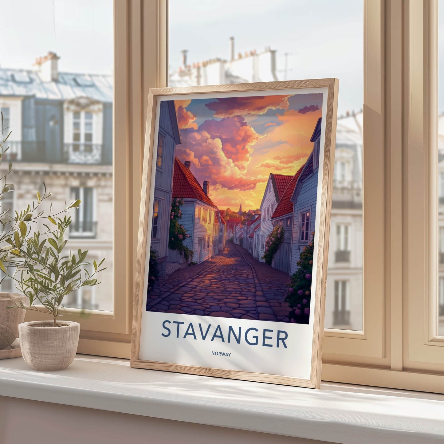 Stavanger Poster - Norway Travel Print - Vibrant Sunset Street Home Decor