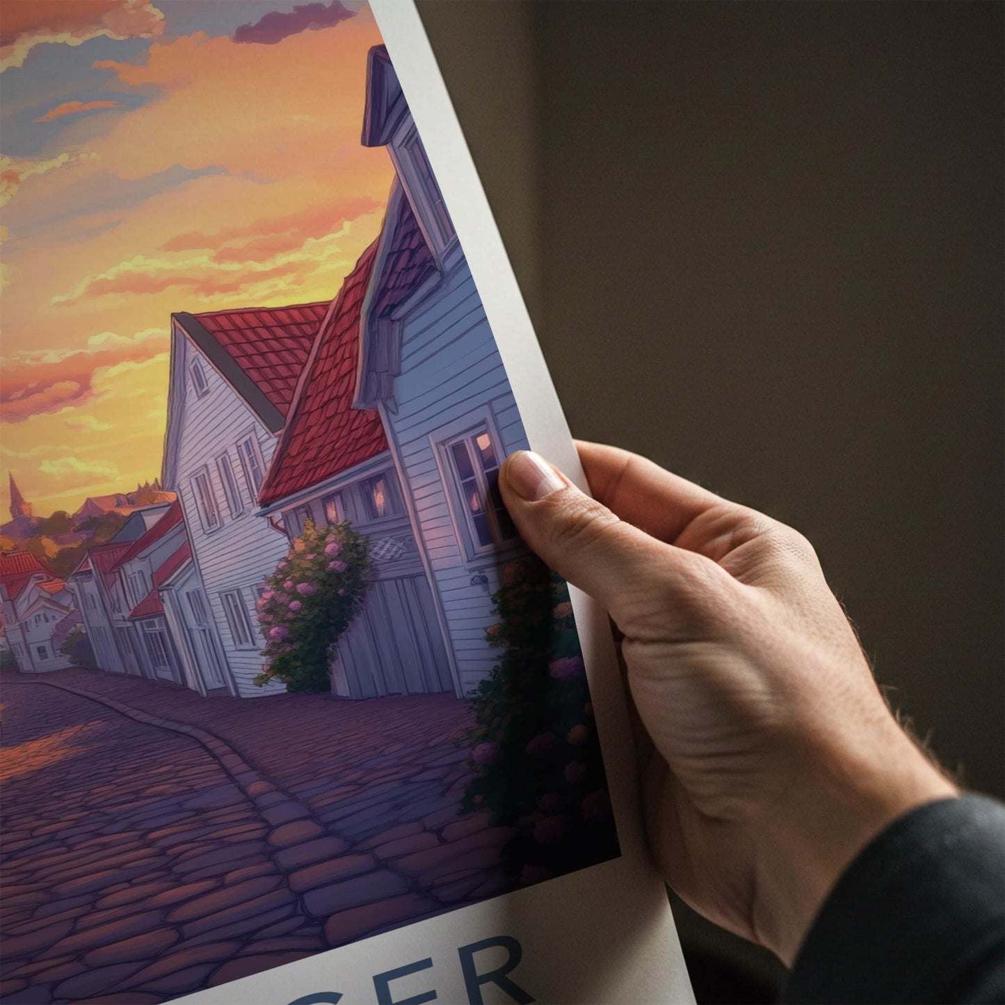 Stavanger Poster - Norway Travel Print - Vibrant Sunset Street Home Decor