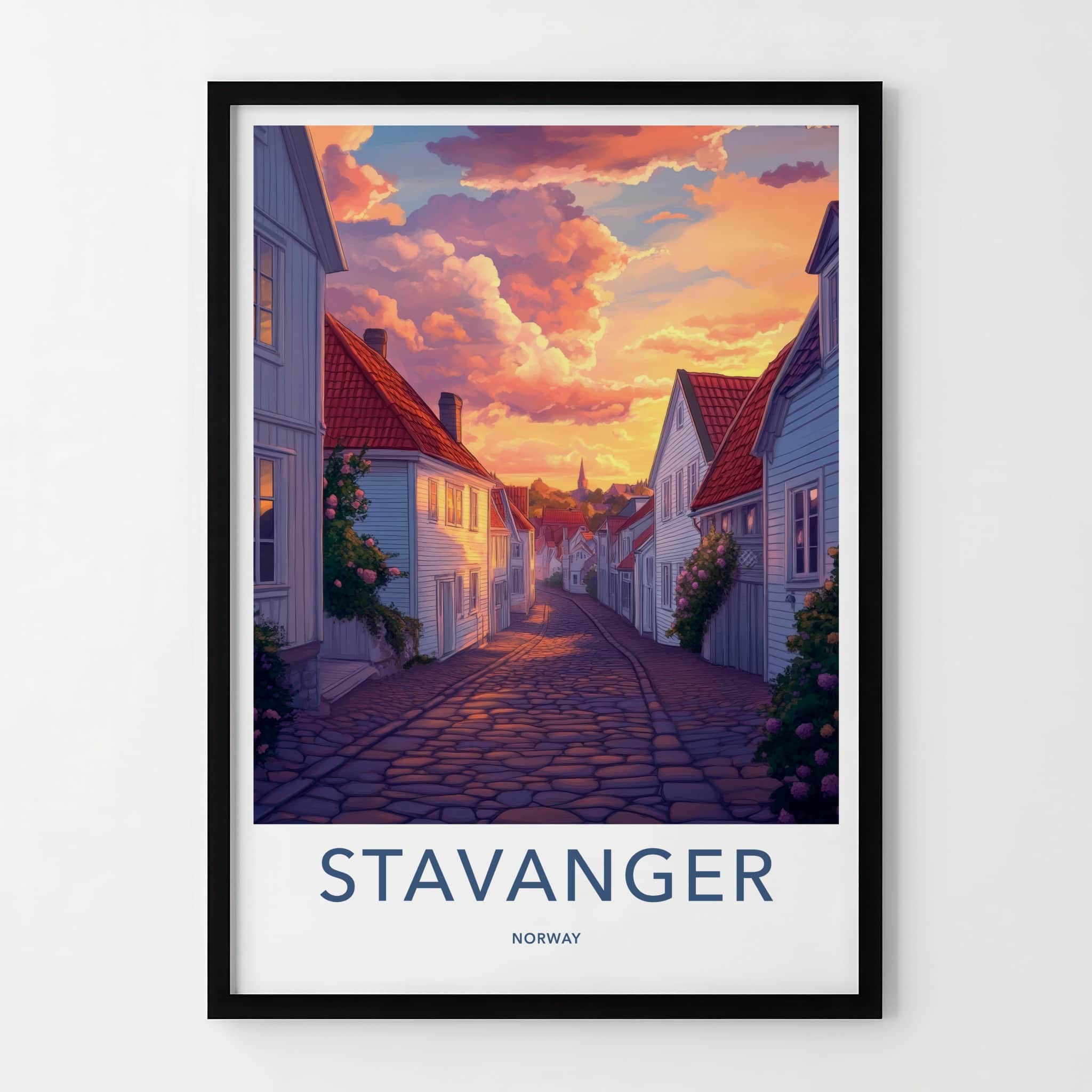 Stavanger Poster - Norway Travel Print - Vibrant Sunset Street Home Decor