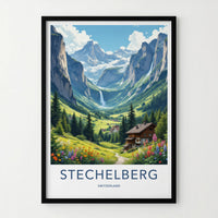 STECHELBERG Poster - Switzerland Travel Art - Alpine Valley Waterfalls Home Decor