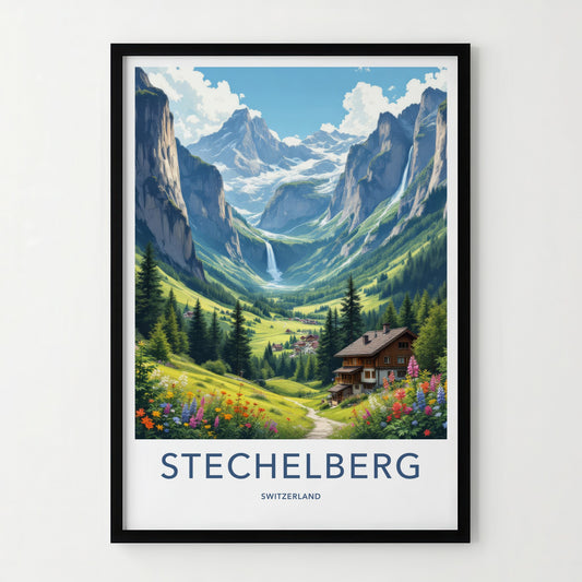 STECHELBERG Poster - Switzerland Travel Art - Alpine Valley Waterfalls Home Decor