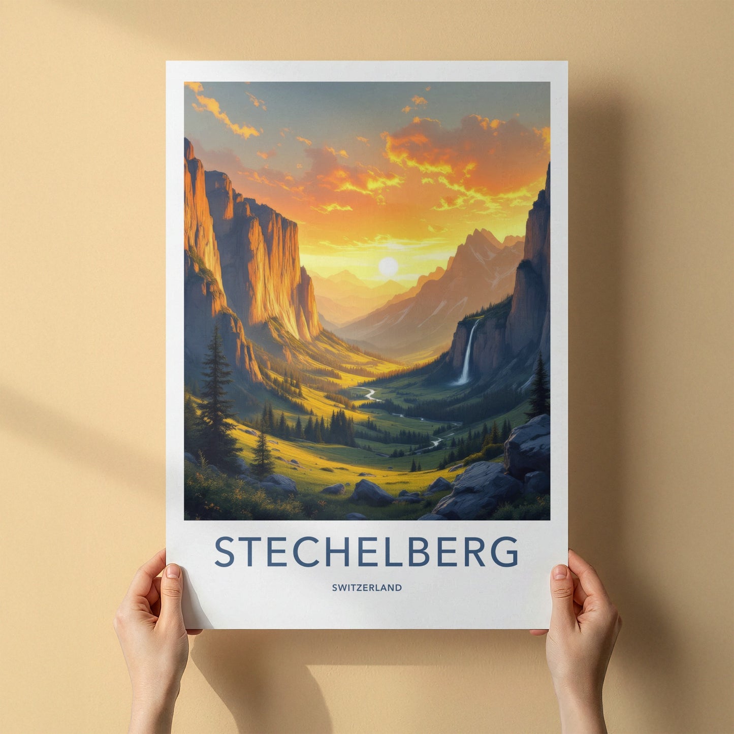 Stechelberg Poster - Switzerland Travel Art - Golden Valley Waterfall Home Decor