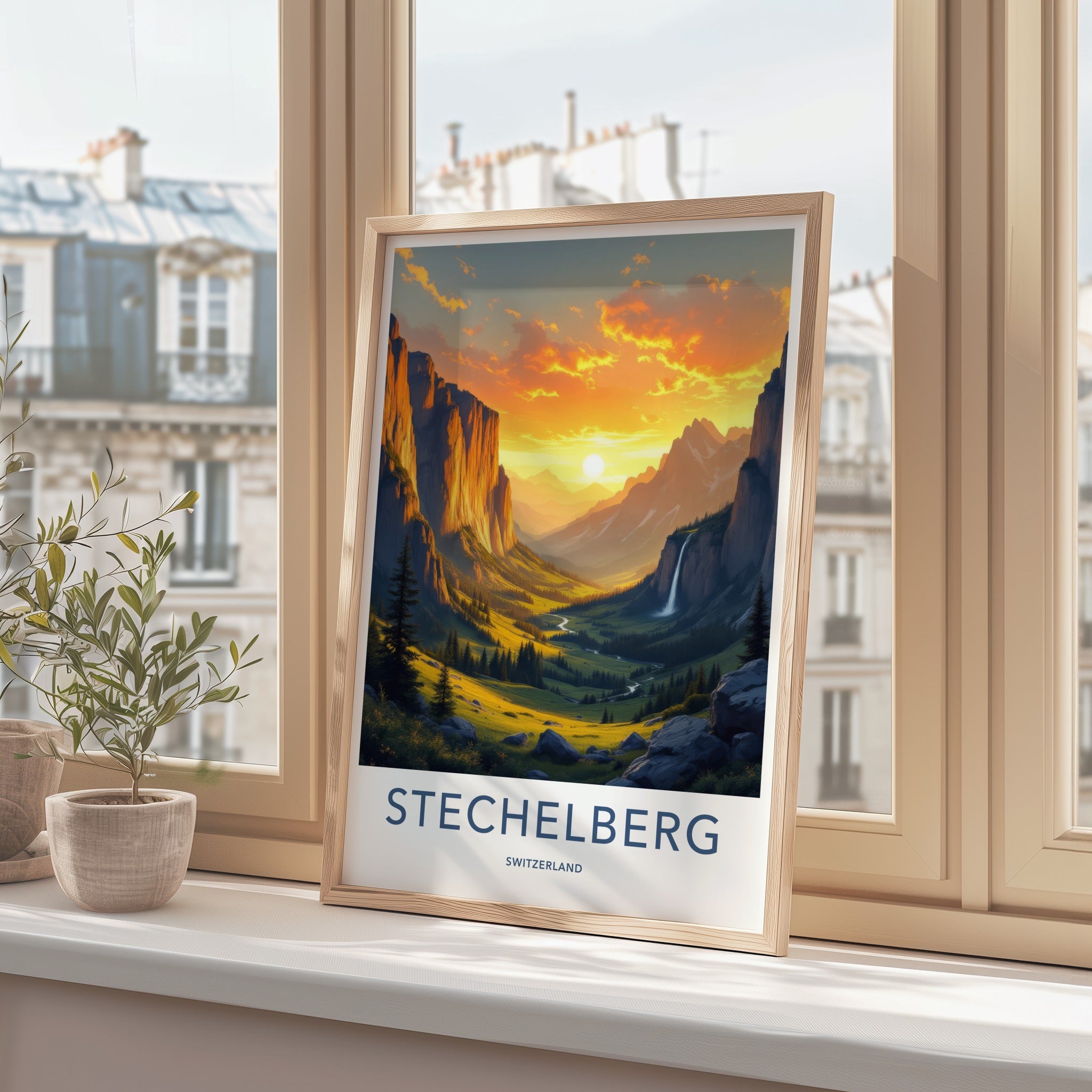 Stechelberg Poster - Switzerland Travel Art - Golden Valley Waterfall Home Decor