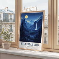Stechelberg Poster - Switzerland Travel Art - Moonlit Valley Waterfall Wall Decor